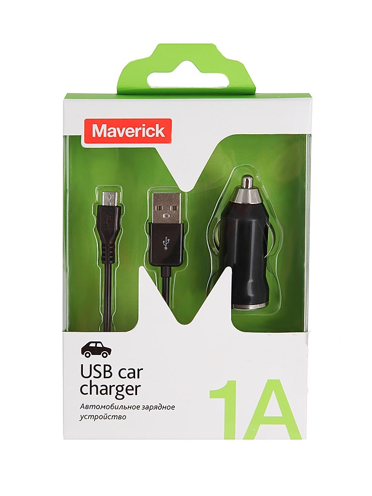  Зарядное устройство Maverick microUSB Car Charger 1000mA Colour Box 0699