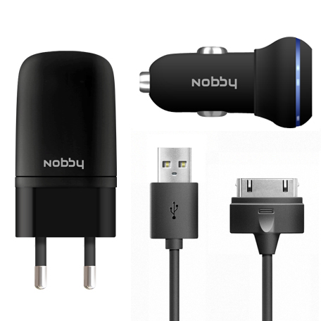  Зарядное устройство Nobby Energy USB 1A + 30pin SC-001 + AC001 Black сетевое + автомобильное