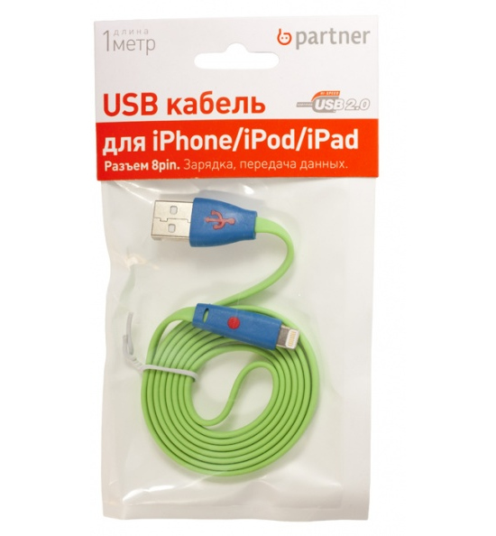 Partner Аксессуар Partner USB 2.0 - 8 pin со смайлом Green ПР028404
