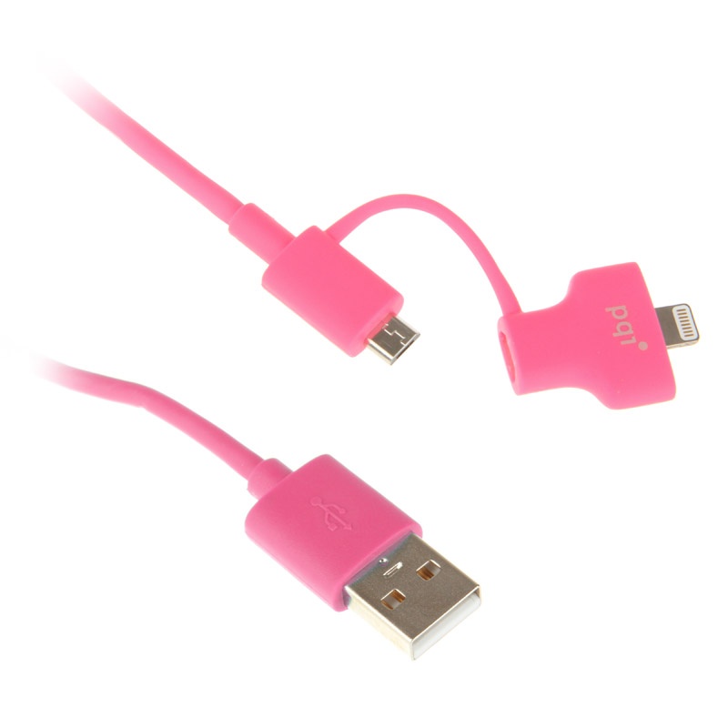 PQI Аксессуар PQI USB to Lightning/MicroUSB 90cm for iPhone/iPad/iPod Pink PQI-iCABLE-DuPlug90-PK