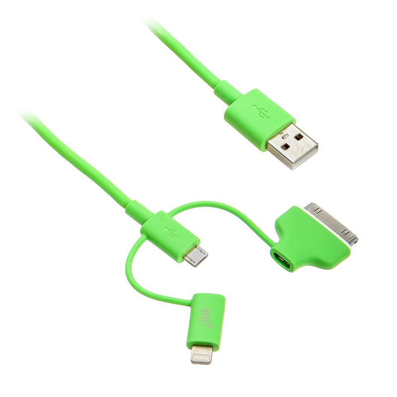 PQI Аксессуар PQI Multi Plug USB to Lightning/MicroUSB/30 pin M 90cm for iPhone/iPad/iPod Green PQI-iCABLE-MULTIPLUG-GN