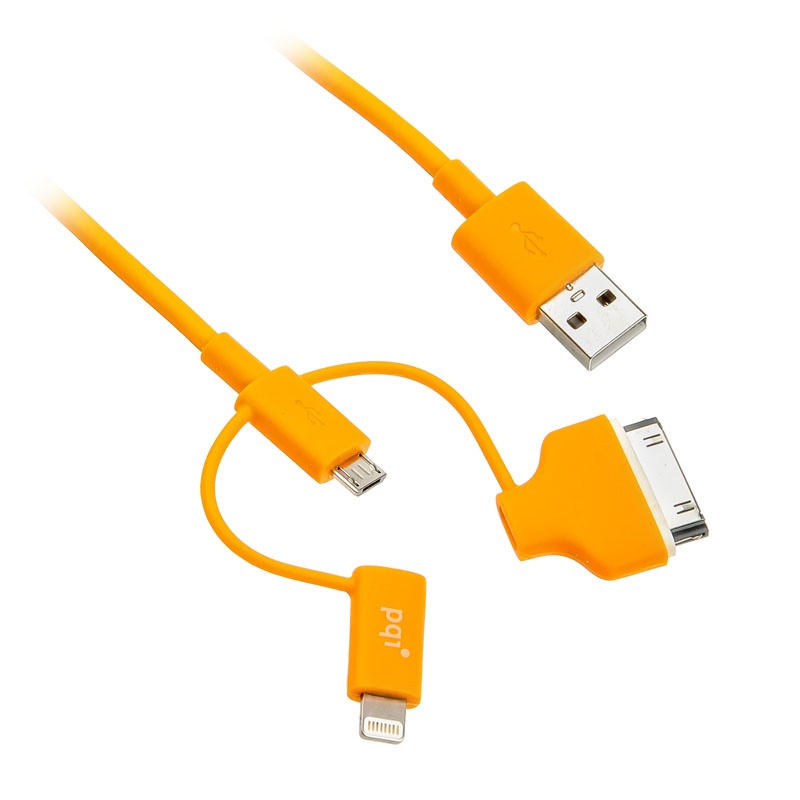 PQI Аксессуар PQI Multi Plug USB to Lightning/MicroUSB/30 pin M 90cm for iPhone/iPad/iPod Orange PQI-iCABLE-MULTIPLUG-OR