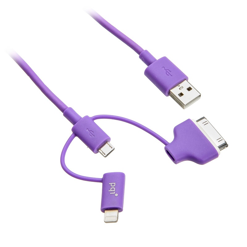 PQI Аксессуар PQI Multi Plug USB to Lightning/MicroUSB/30 pin M 90cm for iPhone/iPad/iPod Purple PQI-iCABLE-MULTIPLUG-PP