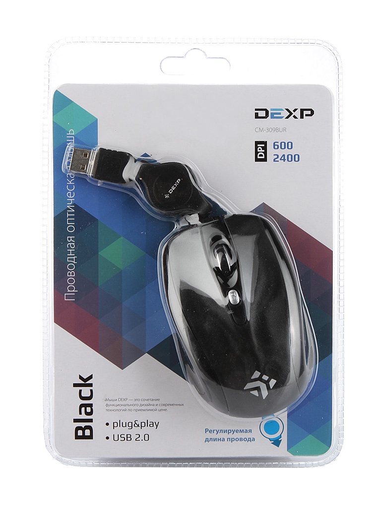  Мышь проводная DEXP CM-309BUR Black Retractable A5050
