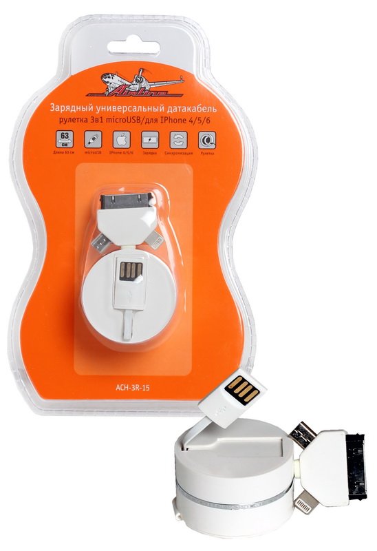  Аксессуар Airline USB to MicroUSB / iPhone 4 / 5 / 6 63cm ACH-3R-15