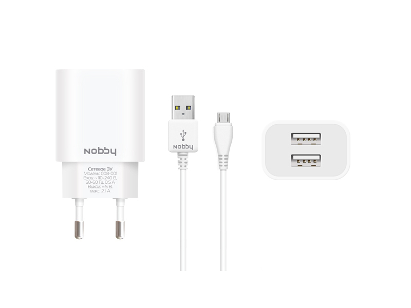   Nobby Comfort 008-001 2xUSB 2.1A (1/1A) +  microUSB 1.2m SoftTouch White<br>