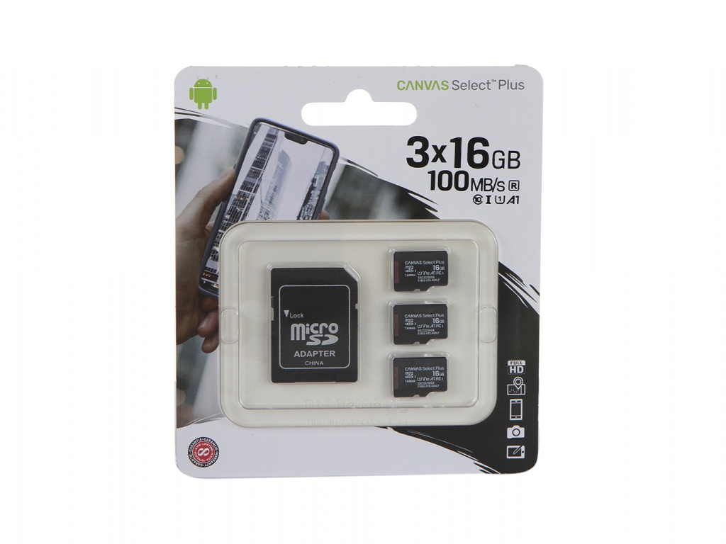 Карта памяти 16Gb - Kingston Micro Secure Digital HC Class10 UHS-I Canvas Select SDCS2/16GB-3P1A с переходником под SD
