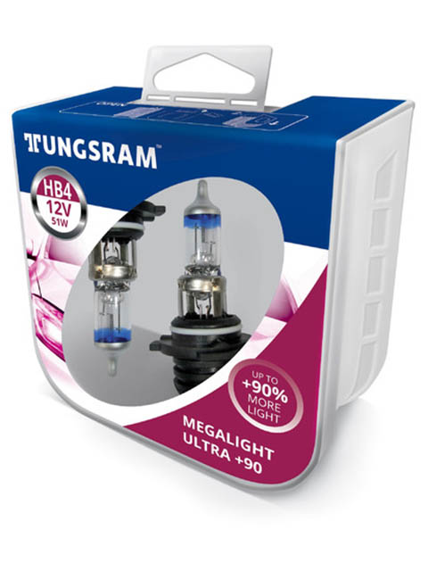 

Лампа Tungsram HB4 12V 51W P22d Megalight Ultra +90 (2 штуки) 9006SXU PB2, HB4 12V 51W P22d Megalight Ultra