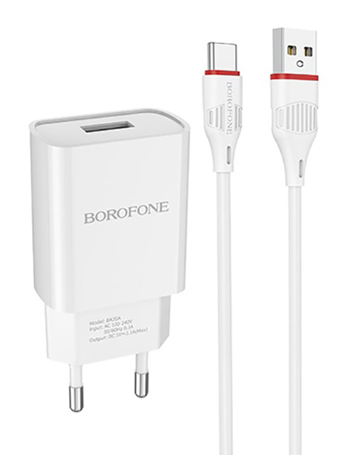 фото Зарядное устройство borofone ba20a sharp 1xusb 2.1а + кабель type-c white 6931474700742