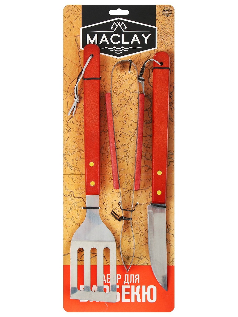 фото Коптильня набор для барбекю maclay лопатка, щипцы, нож 35cm 134215
