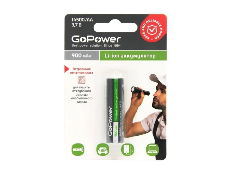 Аккумулятор GoPower 14500 Li-ion 900mAh 3.7V 00-00018357, 14500 Li-ion 900mAh 3.7V
Аккумулятор GoPower 14500 Li-ion 900mAh 3.7V 00-00018357, 14500 Li-ion 900mAh 3.7V