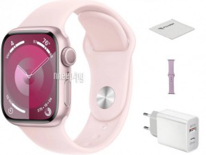 Фото APPLE Watch Series 9 GPS 41mm Pink Aluminium Case with Light Pink Sport Band - S/M MR933 Выгодный набор + подарок серт. 200Р!!!