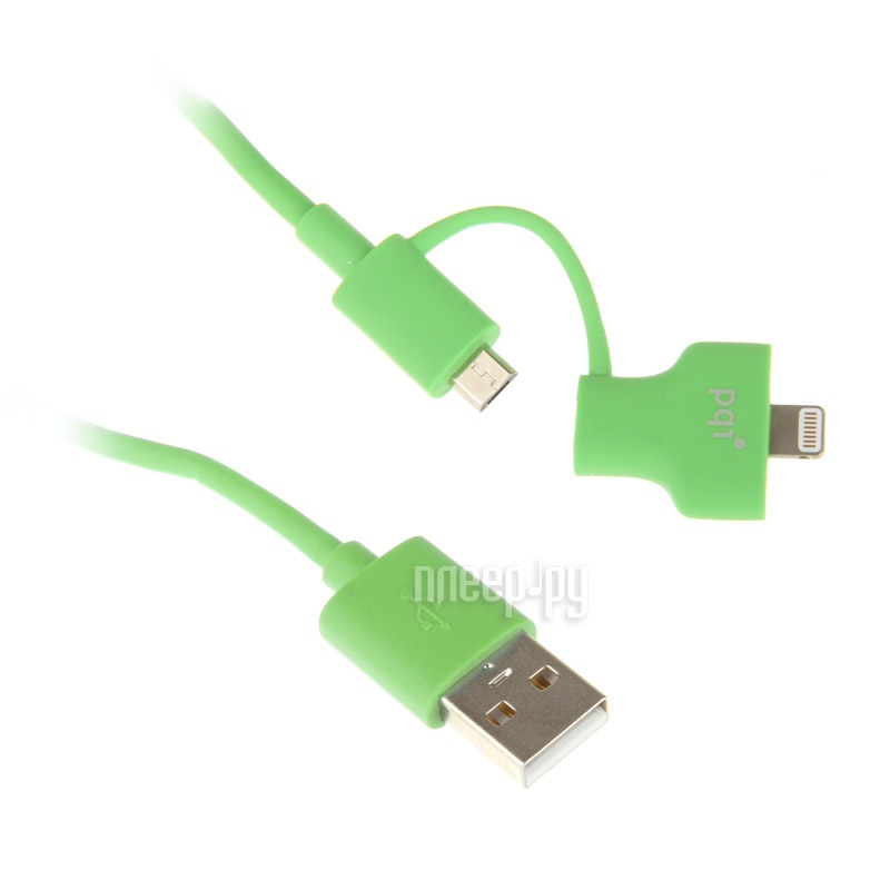  PQI USB to Lightning / MicroUSB 90cm  iPhone / iPad / iPod Green PQI-iCABLE-DuPlug90-GN 