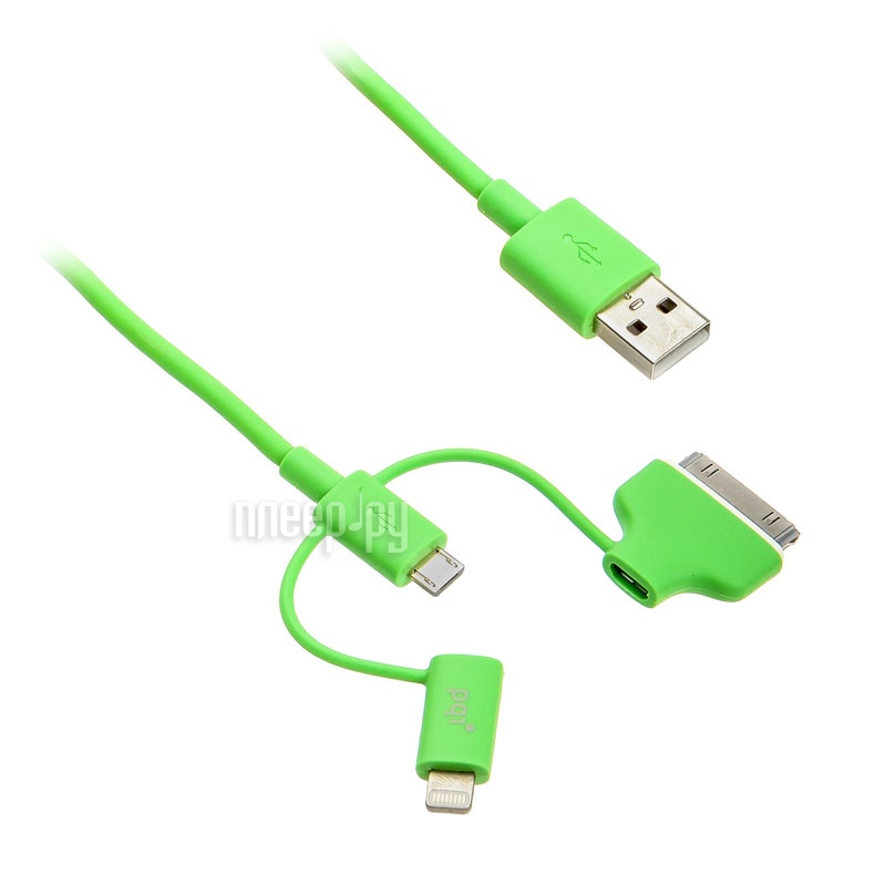  PQI Multi Plug USB to Lightning / MicroUSB / 30 pin M 90cm for iPhone / iPad / iPod Green PQI-iCABLE-MULTIPLUG-GN