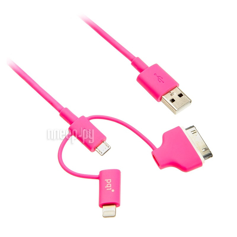  PQI Multi Plug USB to Lightning / MicroUSB / 30 pin M 90cm for iPhone / iPad / iPod Pink PQI-iCABLE-MULTIPLUG-PK 