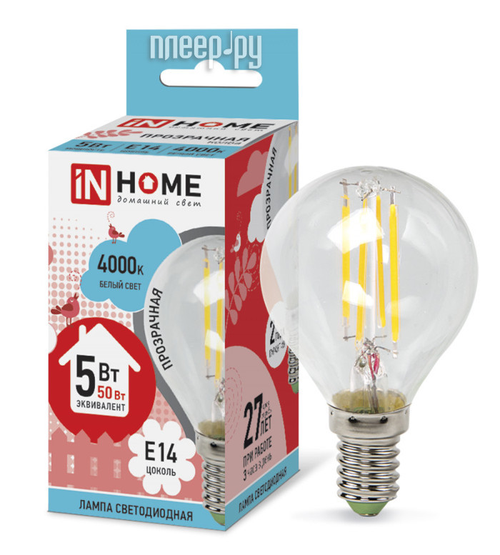  IN HOME LED--deco 5W 4000K 230V 450Lm E14 Clear 4690612007694  95 