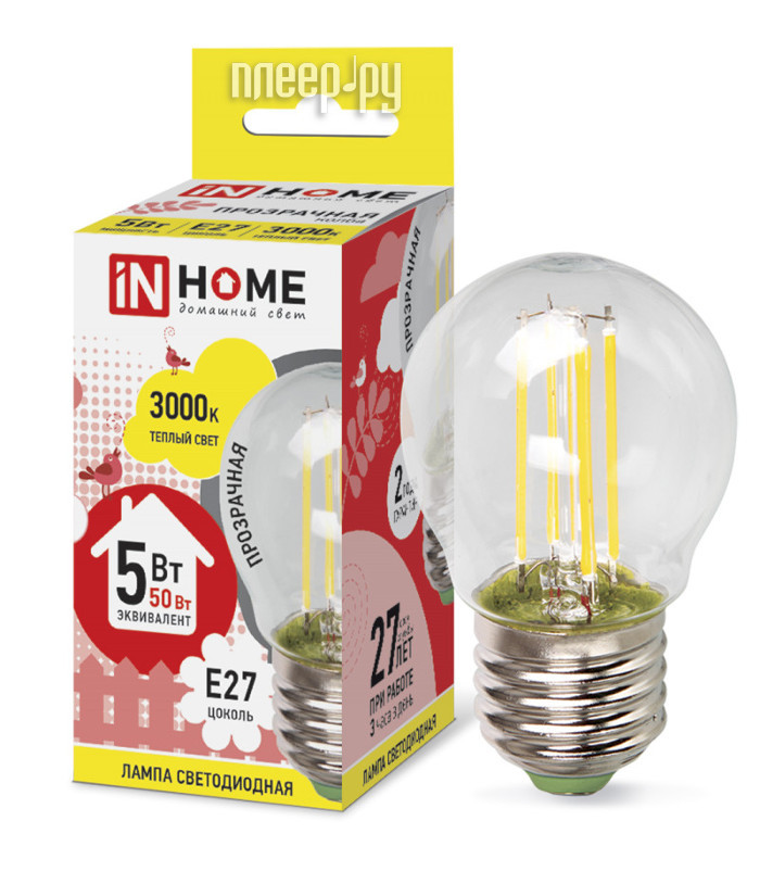  IN HOME LED--deco 5W 3000K 230V 450Lm E27 Clear 4690612007700 