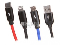 Фото Baseus Three Primary Colors 3-in-1 Cable USB - Lightning / MicroUSB / Type-C 3.5A 30cm Black CAMLT-ASY01