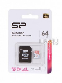 Фото 64Gb - Silicon Power Superior A1 MicroSDXC Class 10 UHS-I U3 SP064GBSTXDV3V20SP с адаптером SD (Оригинальная!)