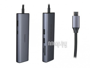 Фото Хаб USB Ugreen CM512 USB Type-C - 2xUSB3.0+HDMI+RJ45+SD&TF+PD Grey 90568