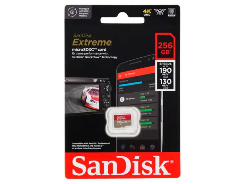Карта памяти 256Gb - SanDisk Extreme Micro Secure Digital XC Class 10 UHS-I A2 V30 U3 SDSQXAV-256G-GN6MN карта памяти 256gb sandisk secure digital xc class 10 uhs i ultra sdsdunc 256g gn6in