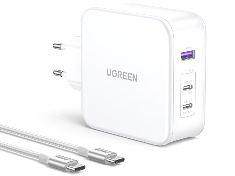 Зарядное устройство Ugreen CD289 Nexode USB-A + 2xUSB-C 140W + кабель USB-C White 15339 сзу ugreen nexode usb a 2 usb c 140w gan кабель usb c 2 м 90549