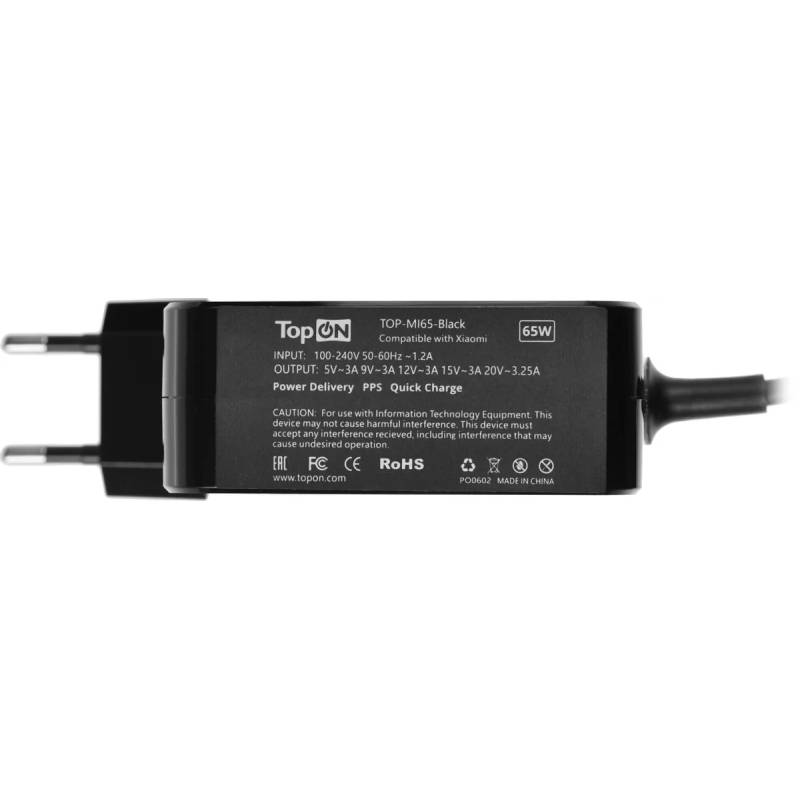 Блок питания TopON 65W (5V-20V до 3.25A) c Type-C, Power Delivery, Quick Charge 3.0, Черный TOP-MI65-Black Черный