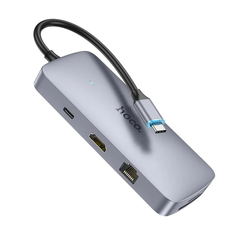 фото Хаб usb hoco hb32 easy hdtv/pd/usb3.0/2xusb2.0/sd/tf/rj45 + кабель type-c grey 6931474791320