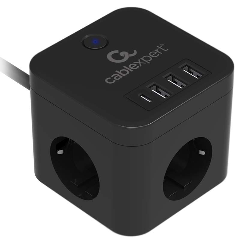   Gembird Cablexpert Cube 3 Sockets 1xType-C PD 3xUSB 1.5m Black CUBE-3-CU3-B-1.5