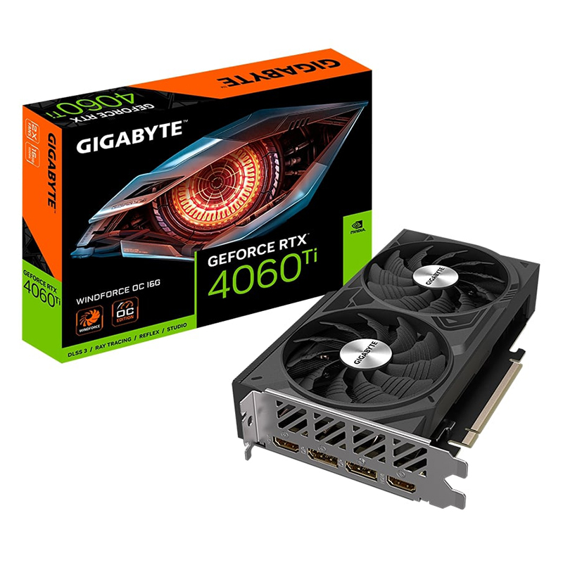 фото Видеокарта gigabyte geforce rtx 4060 ti windforce oc 2250mhz pci-e 4.0 16384mb 18000mhz 128 bit 2xhdmi 2xdp gv-n406twf2oc-16gd