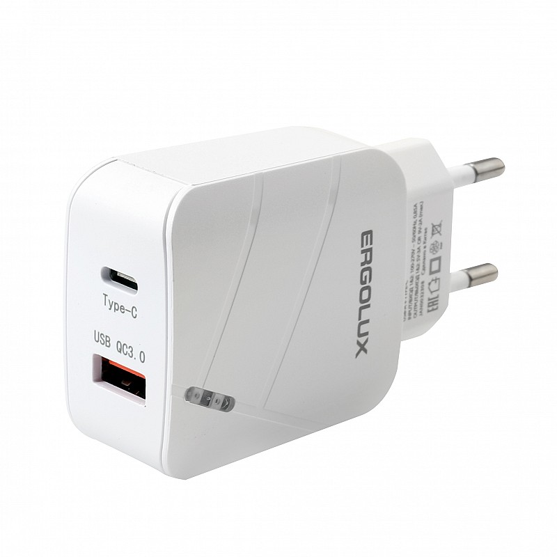 цена Зарядное устройство Ergolux USB+Type-C White ELX-PA01QC-C01