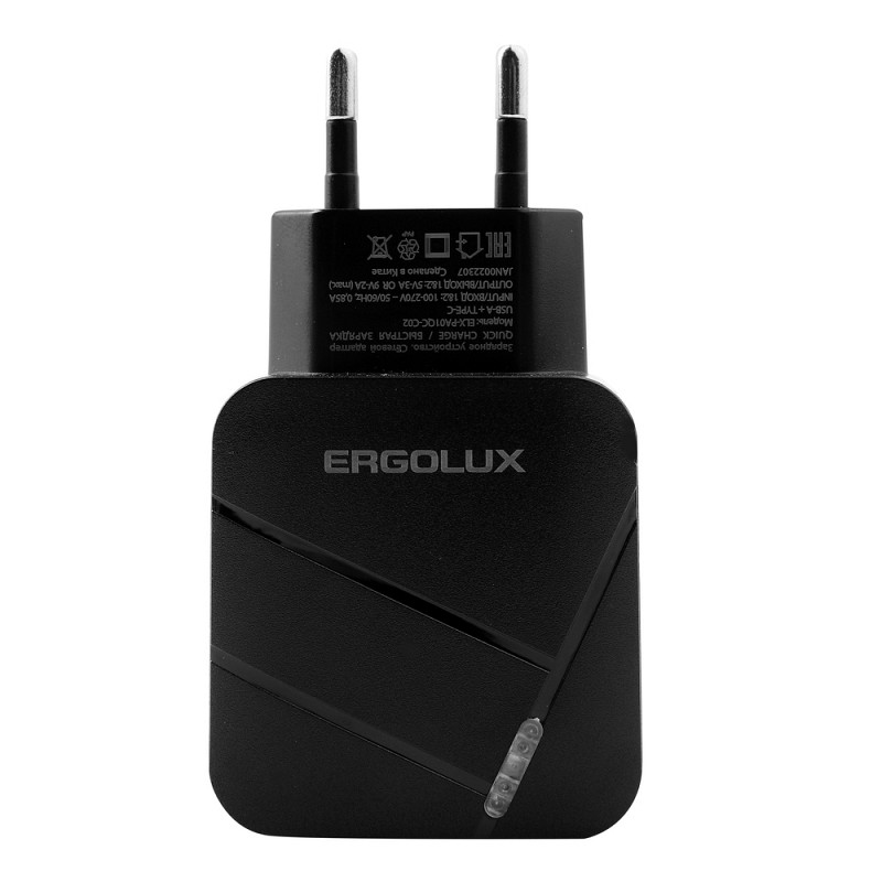 фото Зарядное устройство ergolux usb+type-c black elx-pa01qc-c02