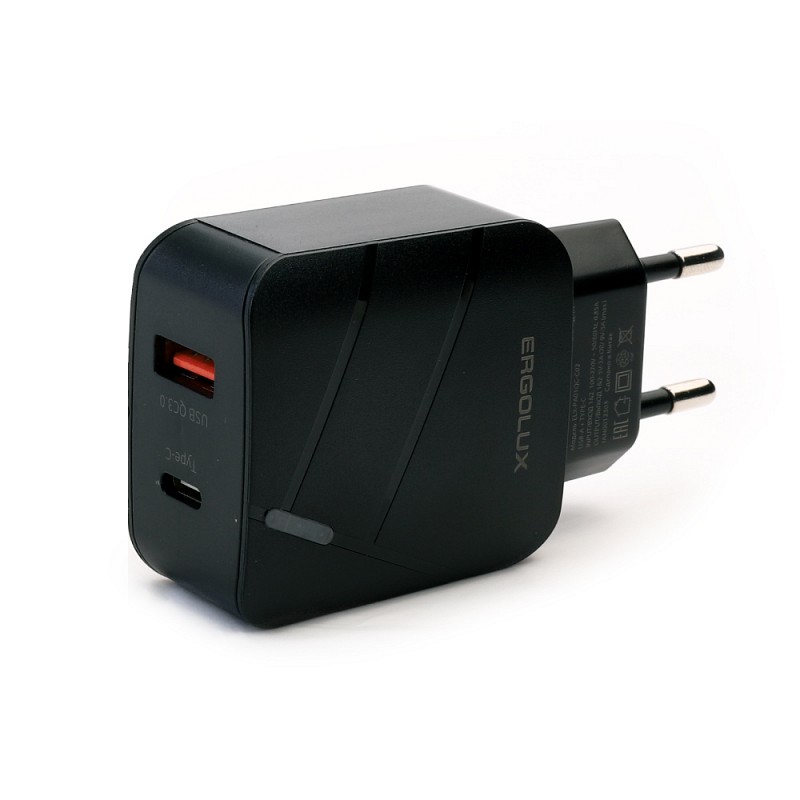 цена Зарядное устройство Ergolux USB+Type-C Black ELX-PA01QC-C02