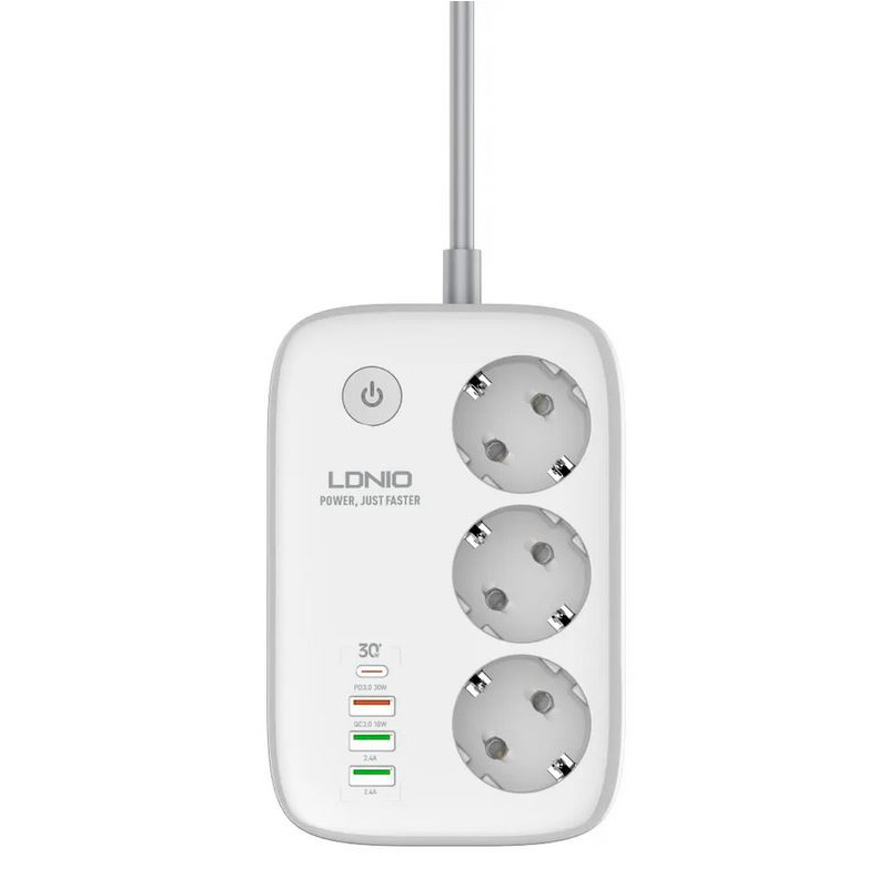 фото Сетевой фильтр ldnio sew3452 5 sockets 4 usb qc 3.0 pps pd 3.0 30w white ld_b4595