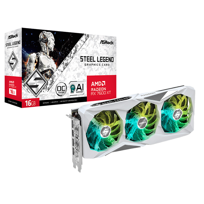 фото Видеокарта asrock radeon rx 7600 xt steel legend 16gb oc 2539mhz pci-e 4.0 16384mb 18000mhz 128-bit hdmi 3xdp rx7600xt sl 16go