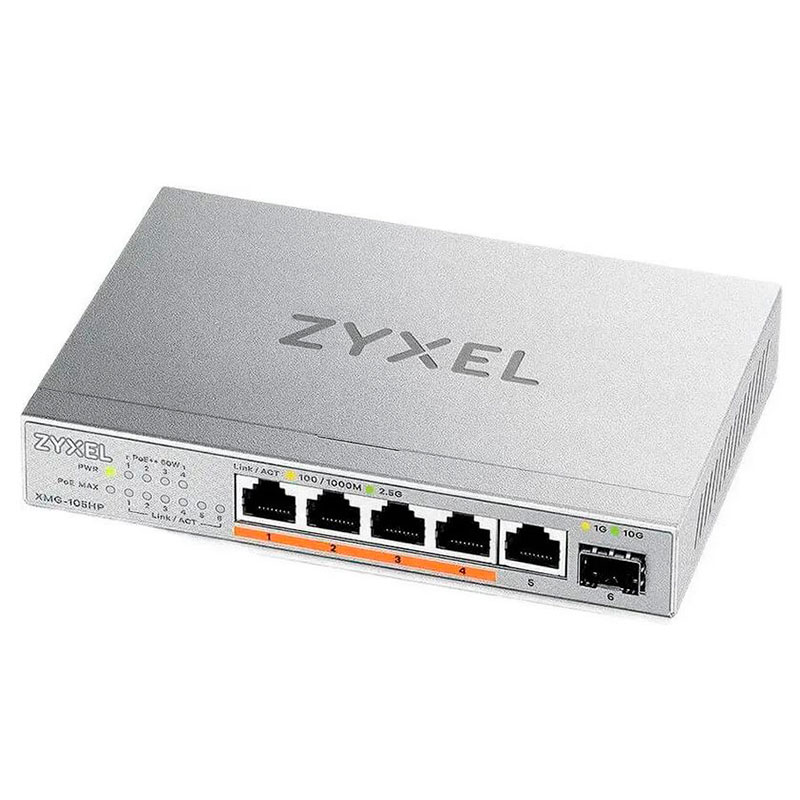 Коммутатор Zyxel XMG-105HP-EU0101F коммутатор zyxel rgs100 5p 5 port unmanaged poe switch 120 watt poe din rail ip30 12 58v dc rgs100 5p zz0101f