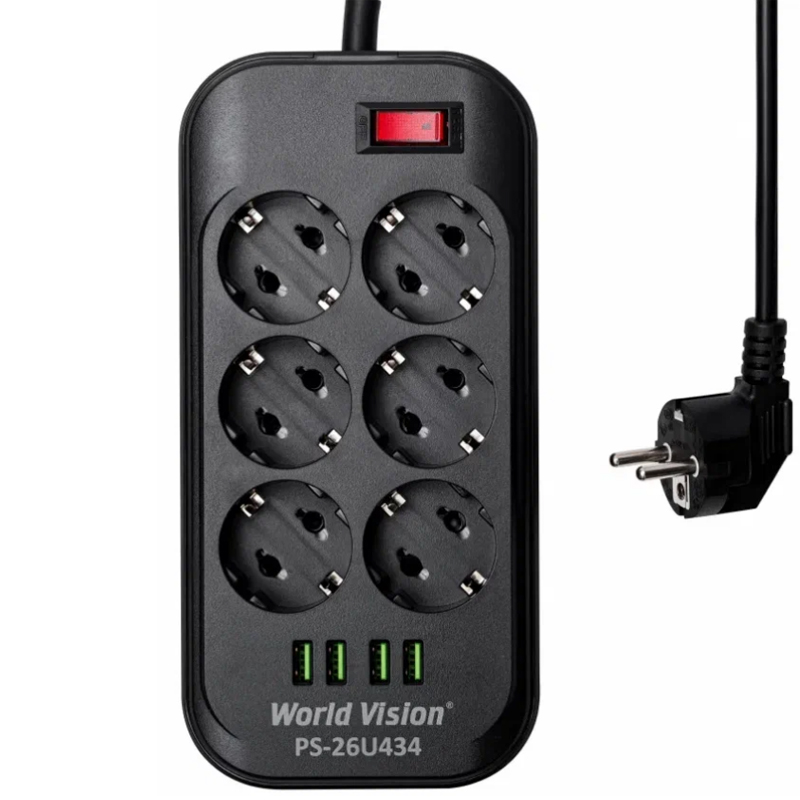   World Vision 6 Sockets + 4 USB 2m Black PS-26U434