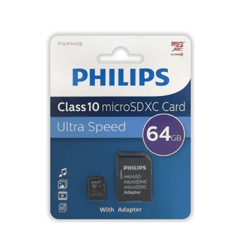 фото Карта памяти 64gb - philips micro secure digital xc class 10 fm64ma45b/97 с переходником под sd