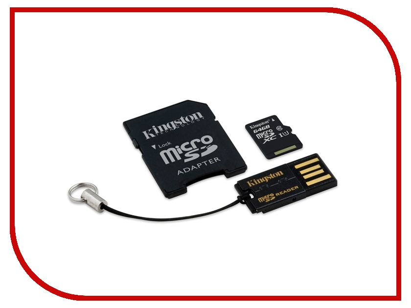 фото Карта памяти 64Gb - Kingston - Micro Secure Digital XC UHS-I Class 10 MBLY10G2/64GB c карт-ридером + переходник под SD