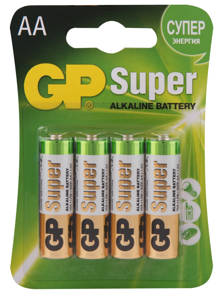Батарейка AA - GP Alkaline Super LR6 15A-2CR4 (4 штуки) батарейка aaa gp alkaline lr03 24a 2cr4 4 штуки
