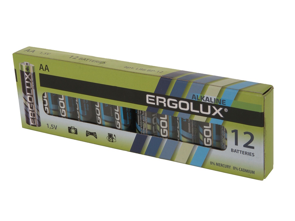 Батарейка AA - Ergolux Alkaline LR6 BP-12 (12 штук) элемент питания алкалиновый aa lr6 1 5в alkaline bl 2 блист 2шт ergolux 11747