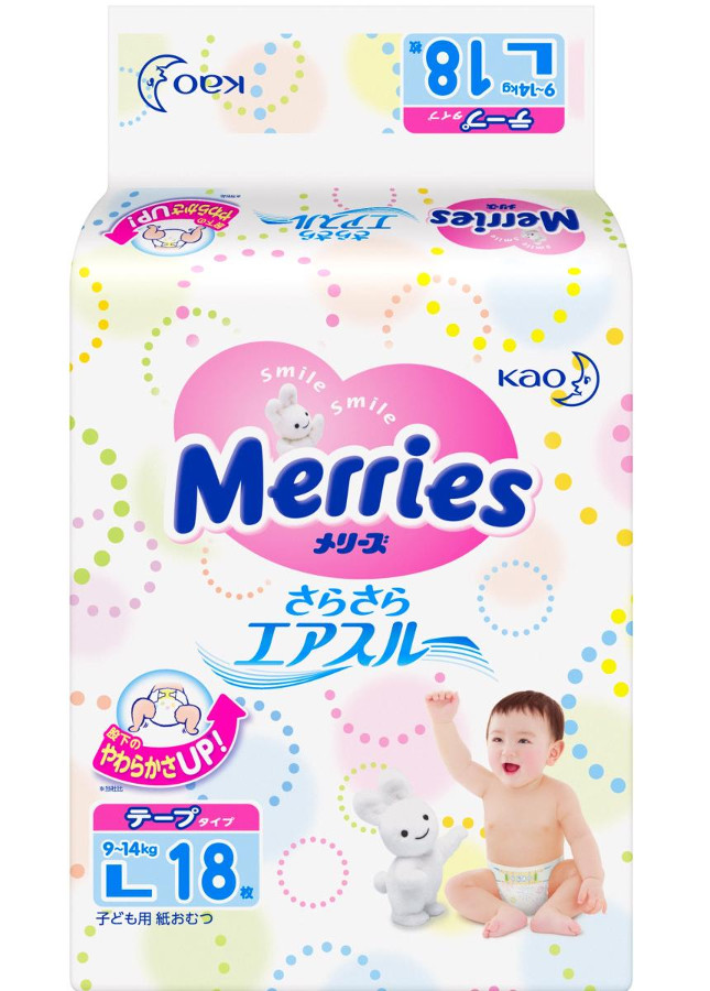 

Подгузники Merries L 9-14кг 18шт 62020404, Merries L 62020404