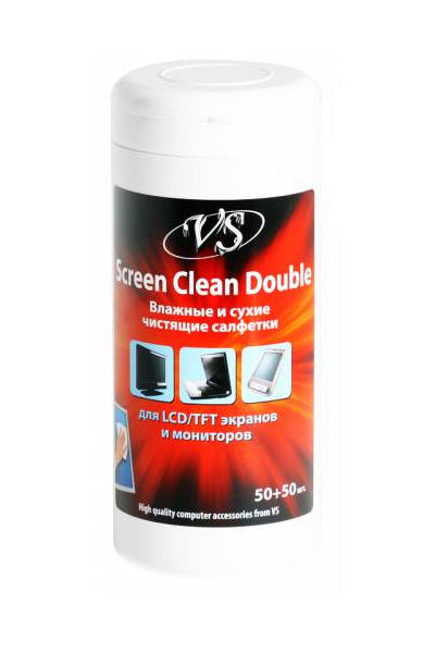 фото Салфетки чистящие Screen Clean Double, 50 сухих и 50 влажных Vs