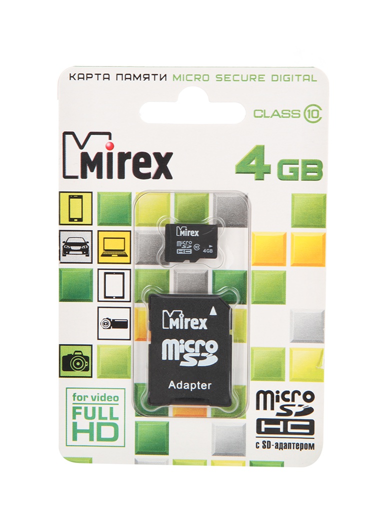 Карта памяти 4Gb - Mirex - Micro Secure Digital HC Class 10 13613-AD10SD04 с переходником под SD карта памяти 16gb mirex micro secure digital hc class 10 uhs i 13612 mcsuhs16