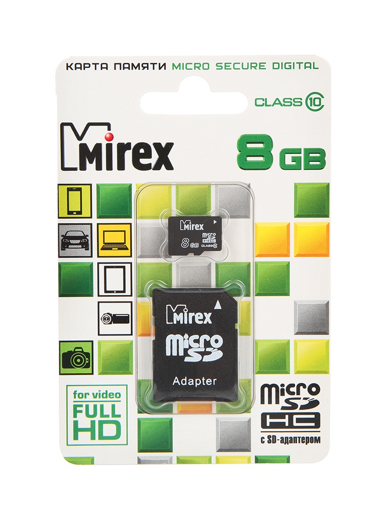 Карта памяти 8Gb - Mirex - Micro Secure Digital HC Class 10 13613-AD10SD08 с переходником под SD карта памяти 64gb mirex micro secure digital hc class 10 uhs i 13613 ad10sd64 с переходником под sd
