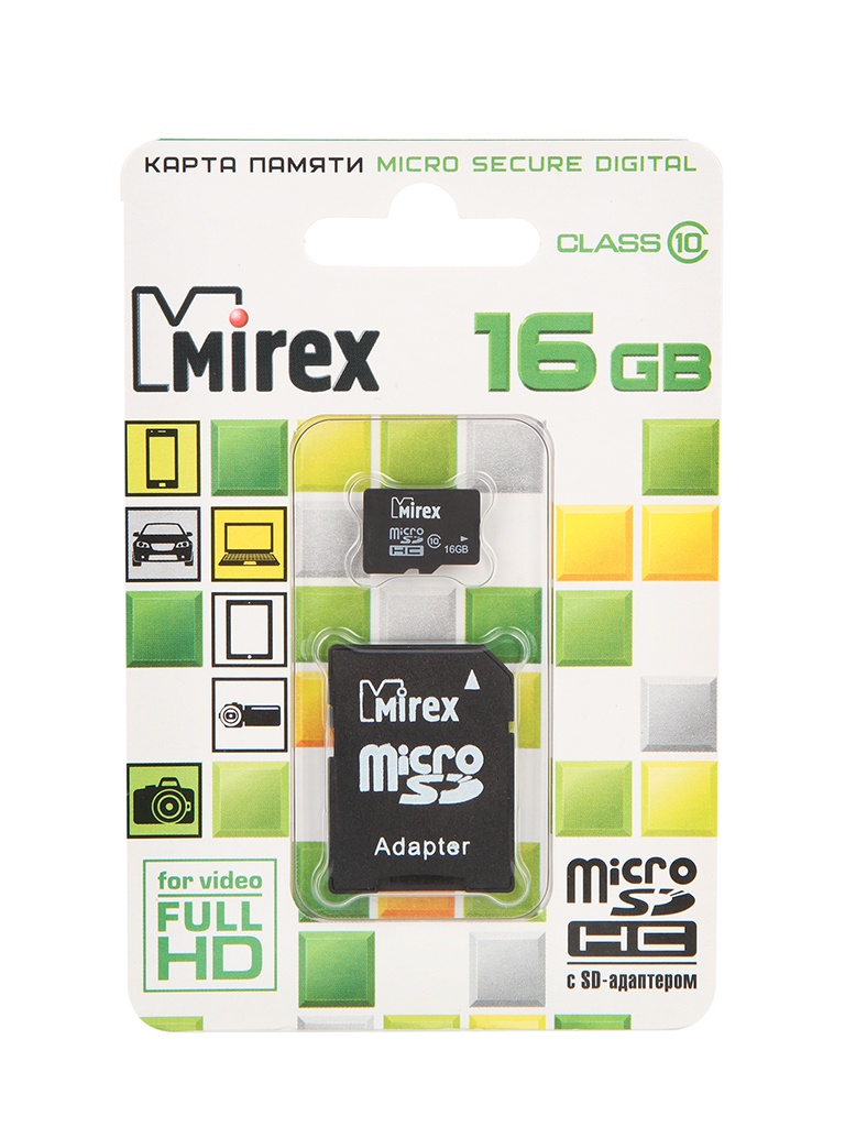 Карта памяти 16Gb - Mirex - Micro Secure Digital HC Class 10 13613-AD10SD16 с переходником под SD