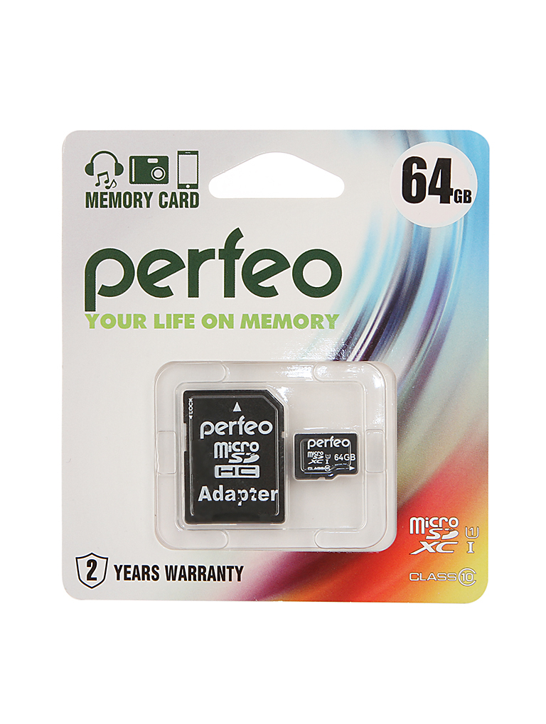 

Карта памяти 64Gb - Perfeo Micro Secure Digital XC HC UHS-1 Class 10 PF64GMCSX10U1A с переходником под SD, Micro Secure Digital XC HC UHS-1 Class 10