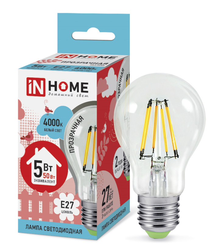 

Лампочка IN HOME LED-A60-deco E27 5W 4000K 230V 450Lm Clear 4690612008035, 4690612008035