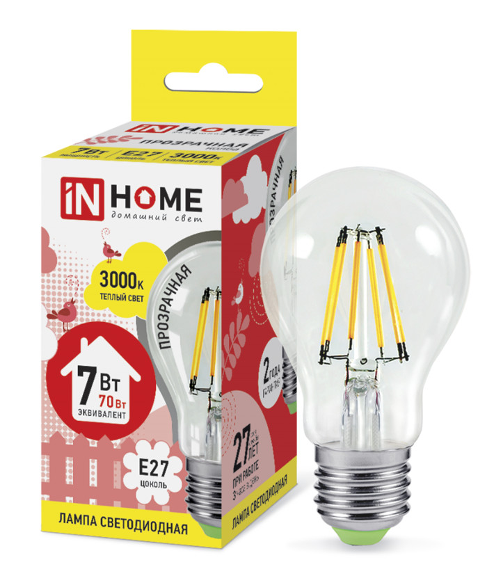 

Лампочка IN HOME LED-A60-deco E27 7W 3000K 230V 630Lm Clear 4690612008042, 4690612008042