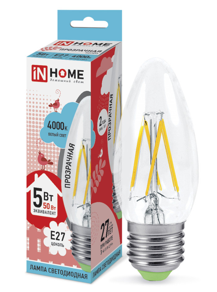 

Лампочка IN HOME LED-СВЕЧА-deco E27 5W 4000K 230V 450Lm Clear 4690612007595, 4690612007595